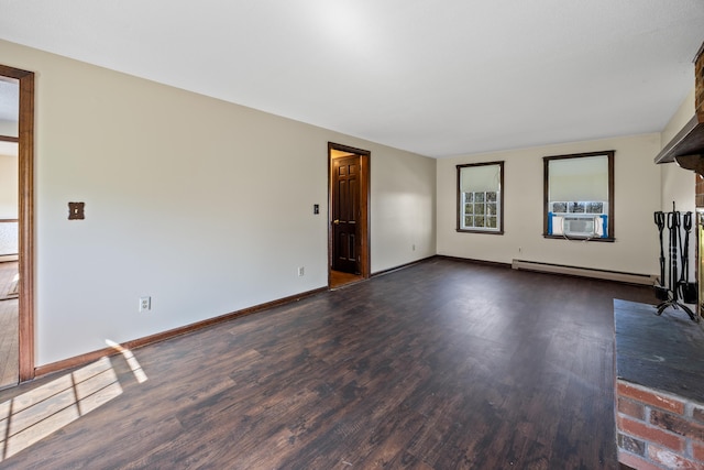 unfurnished living room with baseboards, a baseboard radiator, and dark wood-style floors