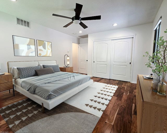 664C Heritage Vlg, Southbury, CT 06488 - bedroom featuring dark wood-type flooring, a closet, recessed lighting, and a ceiling fan