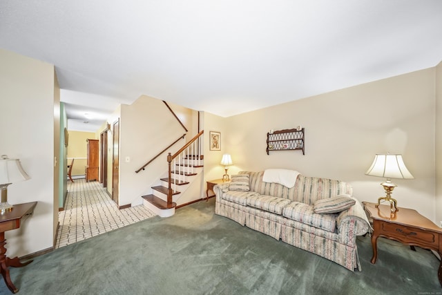 carpeted living area featuring baseboards and stairs