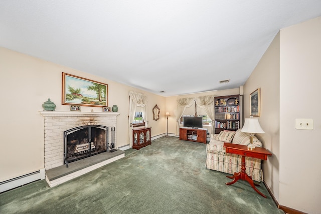 living area with carpet flooring, baseboard heating, a brick fireplace, baseboards, and visible vents