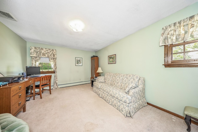 home office featuring visible vents, carpet flooring, baseboards, and a baseboard radiator
