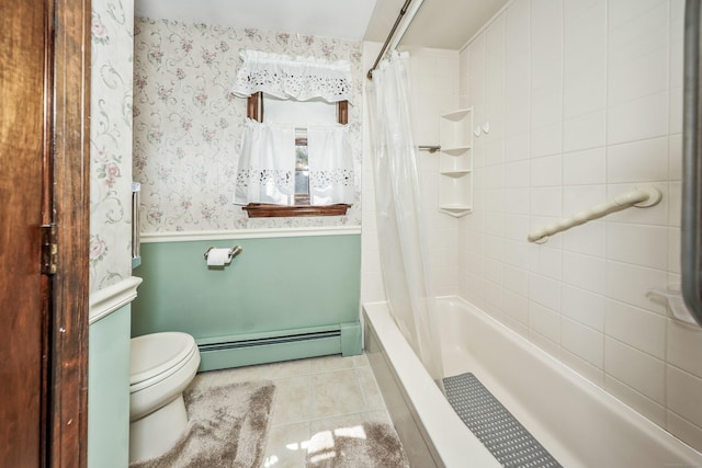 full bathroom with tile patterned flooring, baseboard heating, shower / tub combo, a wainscoted wall, and toilet