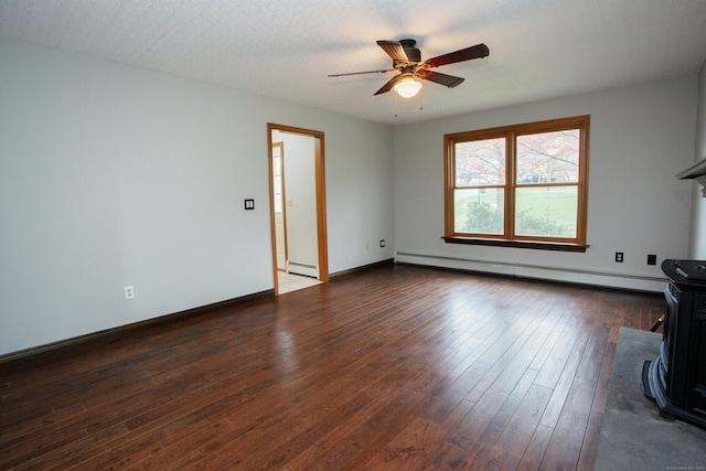 unfurnished living room with hardwood / wood-style floors, baseboards, ceiling fan, and a baseboard radiator