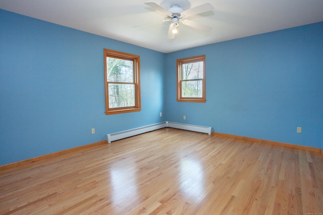 unfurnished room featuring wood finished floors, ceiling fan, baseboard heating, and baseboards