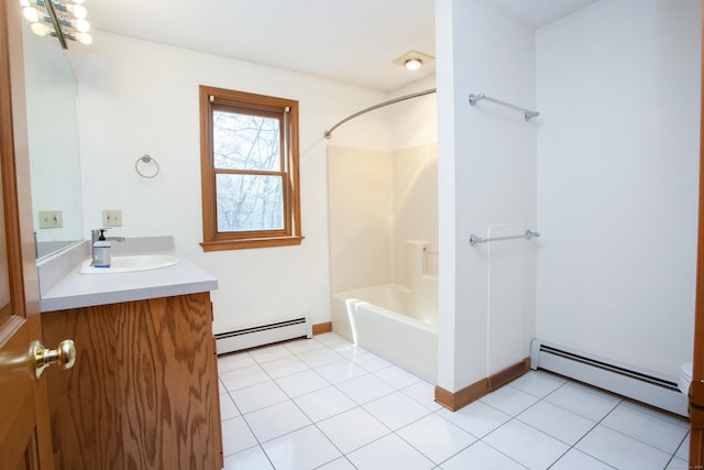 full bath featuring baseboards, a baseboard heating unit, shower / bath combination, and vanity