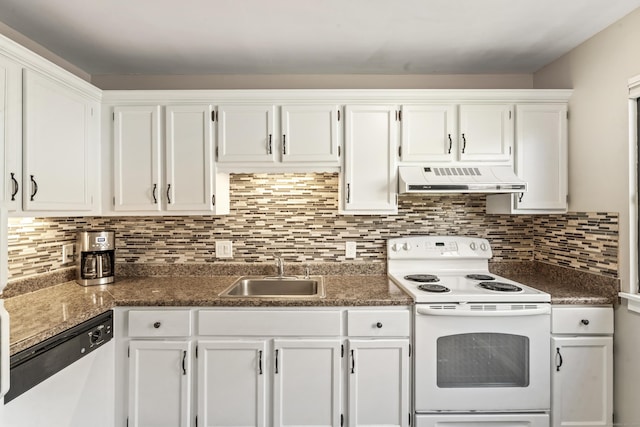331 Heritage Vlg Unit E, Southbury, CT 06488 - kitchen with white appliances, under cabinet range hood, a sink, white cabinets, and dark countertops
