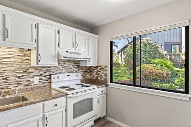 331 Heritage Vlg Unit E, Southbury, CT 06488 - kitchen with under cabinet range hood, white electric range, a sink, and healthy amount of natural light