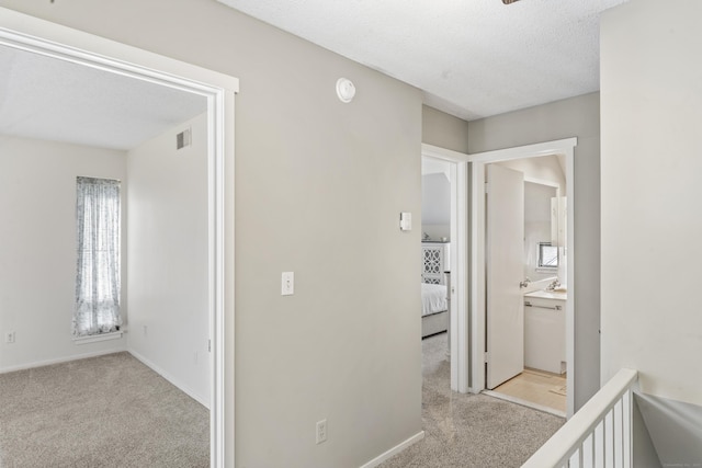 331 Heritage Vlg Unit E, Southbury, CT 06488 - hall featuring light colored carpet, a textured ceiling, and baseboards
