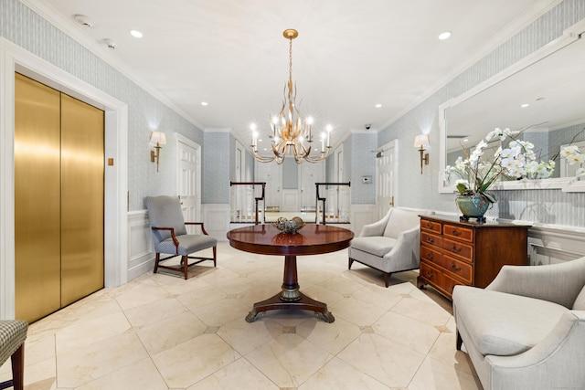 43 Harbor Dr Apt 312, Stamford, CT 06902 - living area featuring elevator, ornamental molding, a chandelier, a decorative wall, and recessed lighting
