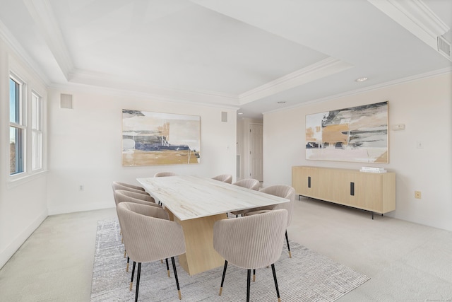 43 Harbor Dr Apt 312, Stamford, CT 06902 - dining space with crown molding, a tray ceiling, light carpet, recessed lighting, and baseboards
