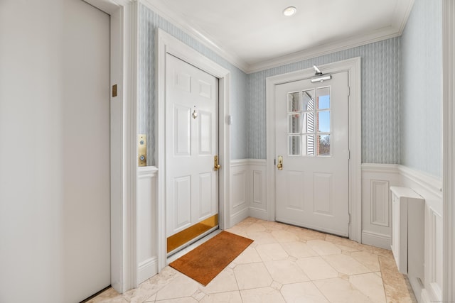 43 Harbor Dr Apt 312, Stamford, CT 06902 - foyer featuring wallpapered walls, wainscoting, ornamental molding, elevator, and a decorative wall