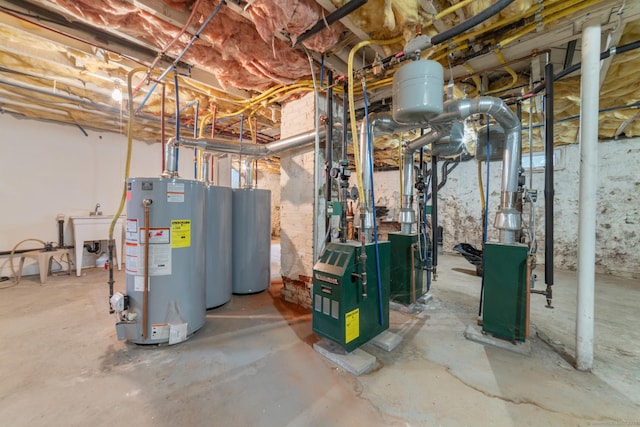 unfinished basement with a sink, water heater, and a heating unit