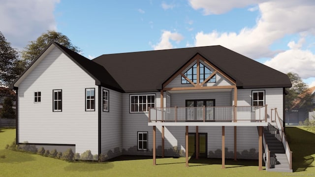 rear view of house featuring stairs and a yard