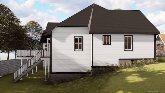 view of property exterior featuring a yard and stairway