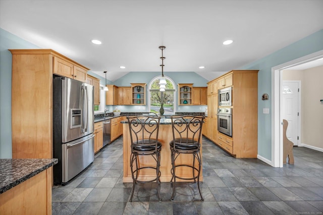 355 W Lake St, Winchester, CT 06098 - kitchen with dark countertops, appliances with stainless steel finishes, open shelves, baseboards, and lofted ceiling