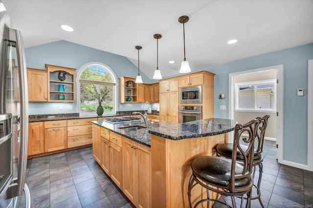 355 W Lake St, Winchester, CT 06098 - kitchen with a kitchen bar, appliances with stainless steel finishes, open shelves, lofted ceiling, and an island with sink
