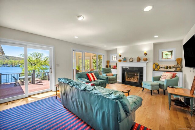 355 W Lake St, Winchester, CT 06098 - living area featuring visible vents, wood finished floors, a healthy amount of sunlight, and a premium fireplace