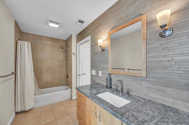 355 W Lake St, Winchester, CT 06098 - bathroom with decorative backsplash, visible vents, shower / bath combo, vanity, and tile patterned floors
