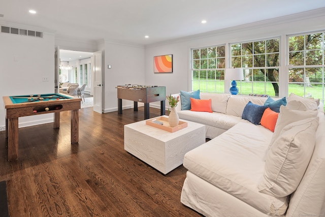 living area with crown molding, dark wood-type flooring, billiards table, recessed lighting, and baseboards
