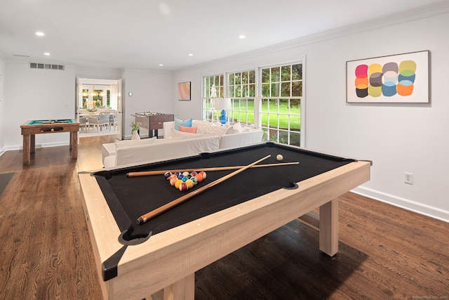recreation room with billiards table, crown molding, baseboards, dark wood-style flooring, and recessed lighting