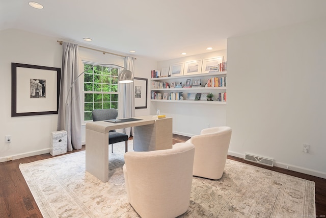 office area with wood finished floors, baseboards, and recessed lighting