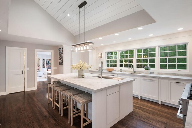 kitchen featuring a sink, a center island with sink, white cabinets, dark wood-style flooring, and vaulted ceiling