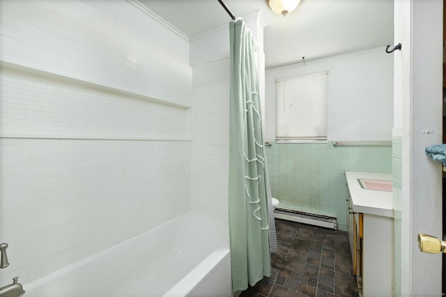 200 Mechanic St, Killingly, CT 06239 - bathroom featuring a baseboard heating unit, tile walls, crown molding, shower / bath combination with curtain, and stone finish floors