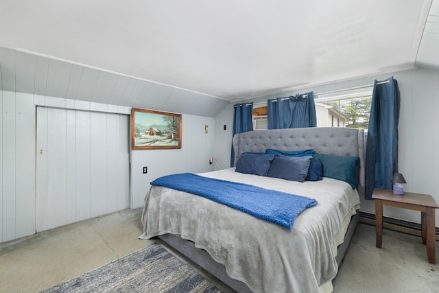 200 Mechanic St, Killingly, CT 06239 - carpeted bedroom featuring lofted ceiling, wood walls, and baseboard heating