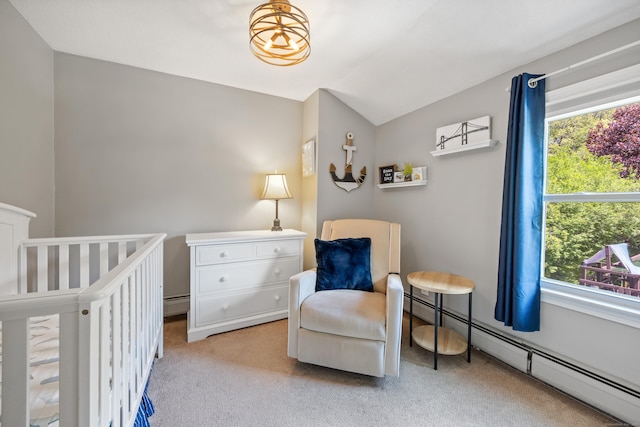bedroom with a baseboard radiator, light carpet, multiple windows, a baseboard heating unit, and lofted ceiling