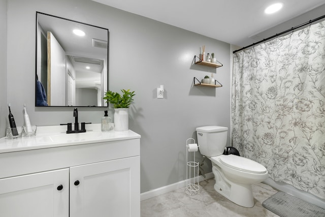bathroom with recessed lighting, a shower with curtain, marble finish floor, toilet, and visible vents