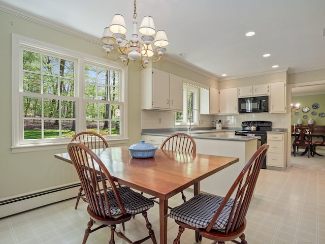 dining room with a chandelier, crown molding, light flooring, and recessed lighting