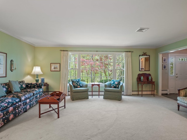 living room featuring a baseboard radiator, crown molding, and carpet flooring