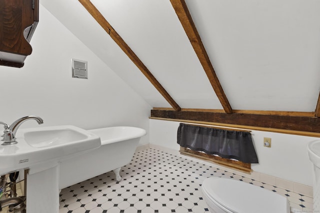 bathroom with toilet, visible vents, and vaulted ceiling with beams