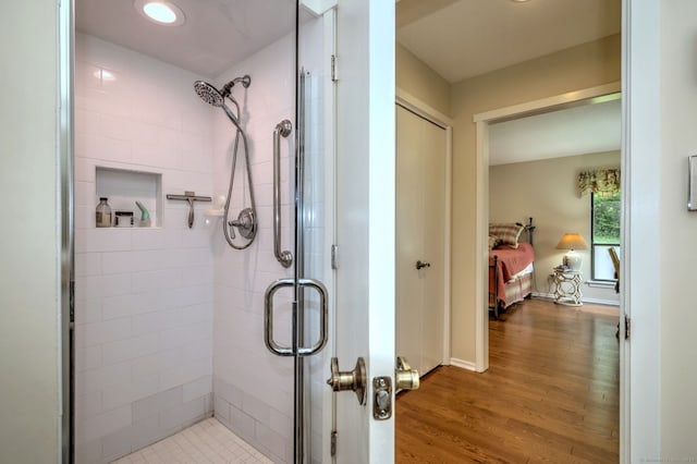 951 Heritage Vlg Unit B, Southbury, CT 06488 - full bathroom with a shower stall, wood finished floors, and recessed lighting