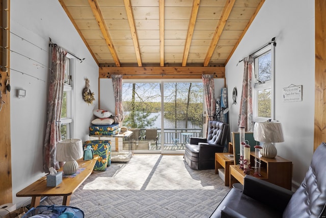 living area featuring a water view, beam ceiling, wooden ceiling, and high vaulted ceiling