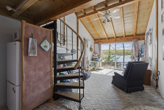 staircase with a ceiling fan, wooden ceiling, beam ceiling, and a water view