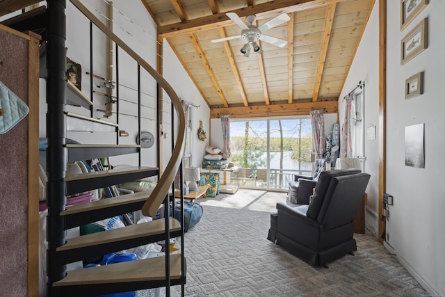 carpeted living area with beamed ceiling, ceiling fan, wood ceiling, and high vaulted ceiling