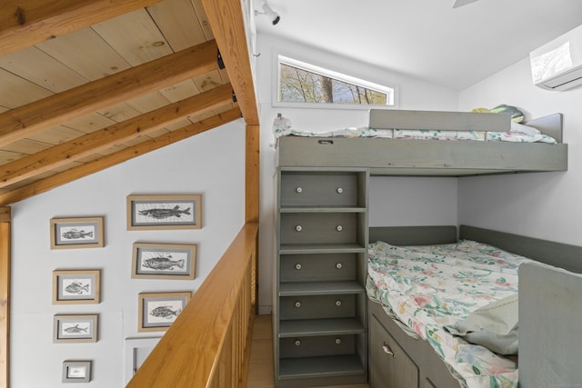 bedroom featuring a wall mounted air conditioner, wood ceiling, and vaulted ceiling