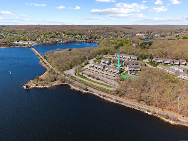 bird's eye view with a view of trees and a water view
