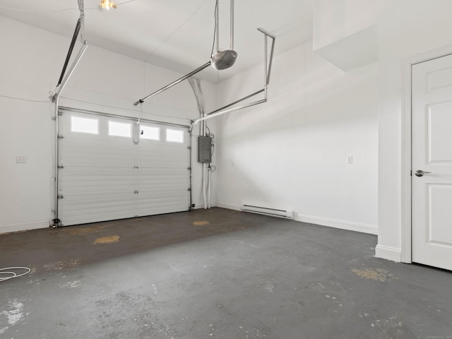 garage with baseboards, a baseboard radiator, a garage door opener, and electric panel