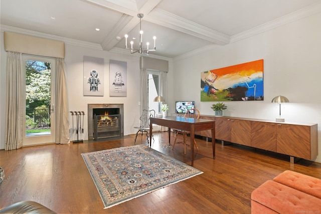 office featuring an inviting chandelier, wood finished floors, beamed ceiling, a fireplace with flush hearth, and coffered ceiling