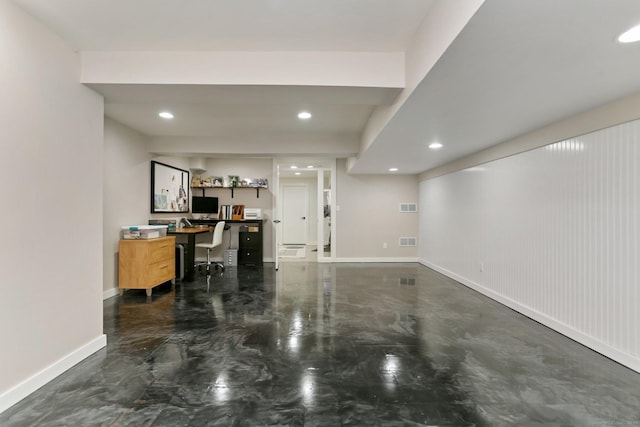 home office featuring recessed lighting, baseboards, visible vents, and concrete flooring