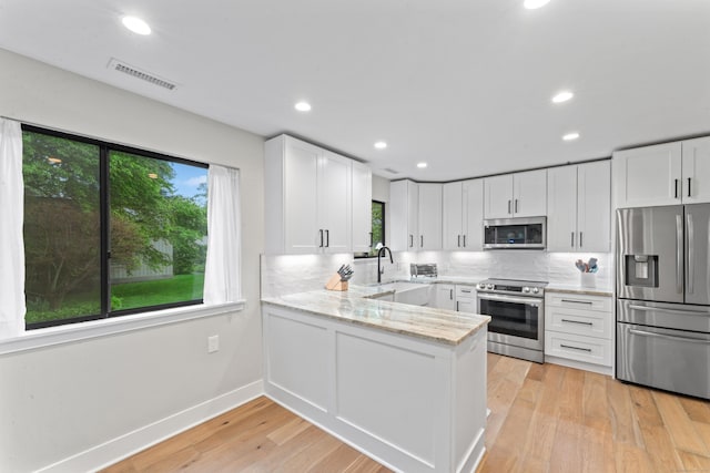 kitchen with appliances with stainless steel finishes, white cabinetry, a peninsula, light stone counters, and tasteful backsplash