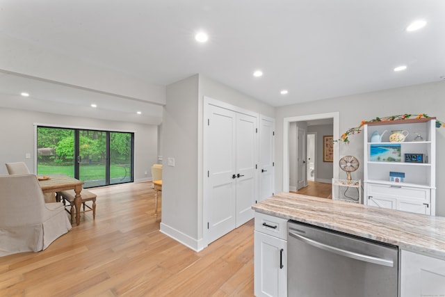 kitchen with dishwasher, white cabinetry, recessed lighting, light wood-style floors, and light stone counters