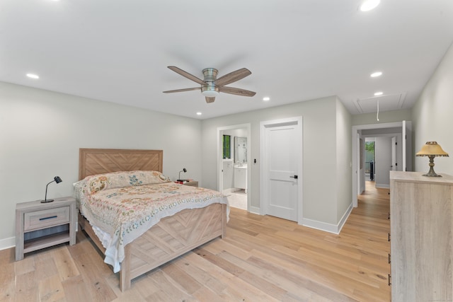 bedroom featuring attic access, light wood-type flooring, recessed lighting, and baseboards
