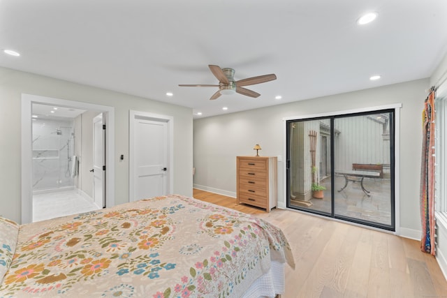 bedroom featuring access to outside, wood finished floors, recessed lighting, baseboards, and a ceiling fan