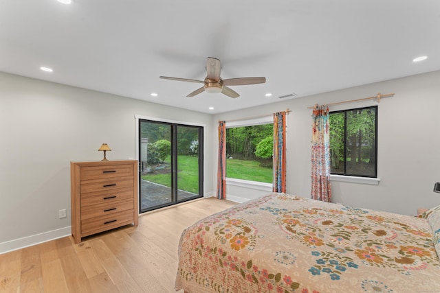 bedroom with access to outside, light wood finished floors, recessed lighting, baseboards, and ceiling fan