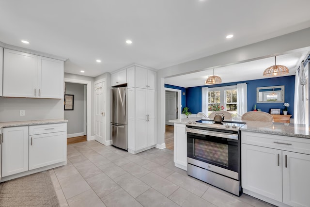 kitchen with light stone countertops, baseboards, stainless steel appliances, recessed lighting, and white cabinetry