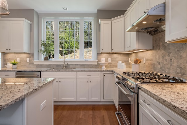kitchen with a sink, under cabinet range hood, white cabinets, and stainless steel appliances