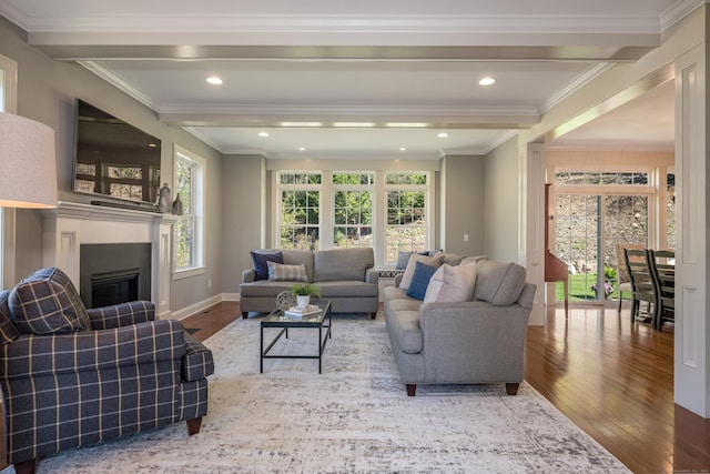 living area featuring wood-type flooring, a glass covered fireplace, beamed ceiling, baseboards, and recessed lighting